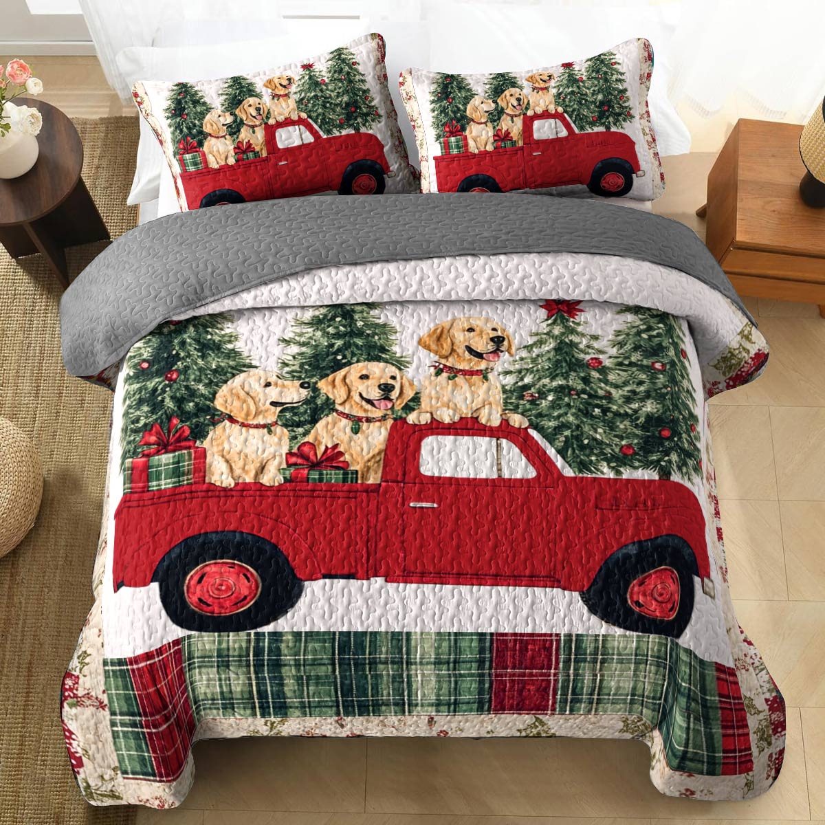 Shineful All Season Quilt 3-Piece Set Golden Retriever Christmas