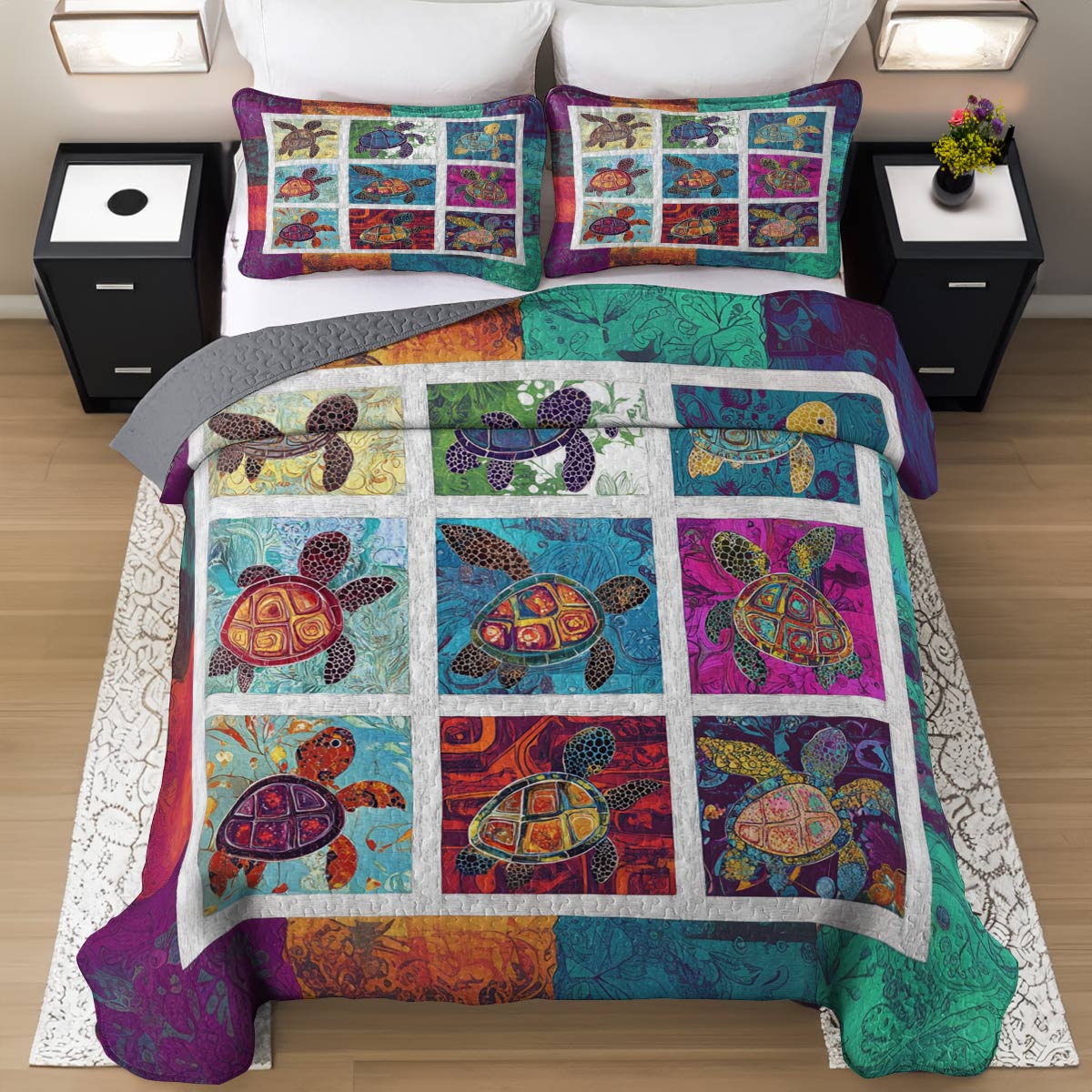 Shineful All Season Quilt 3-Piece Set  Gorgeous Sea Turtle Damask Pattern
