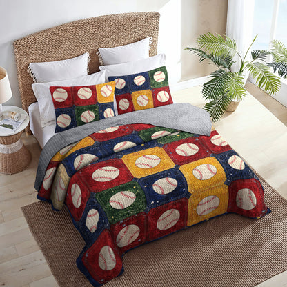 Shineful All Season Quilt 3-Piece Set Vintage Baseball Patchwork