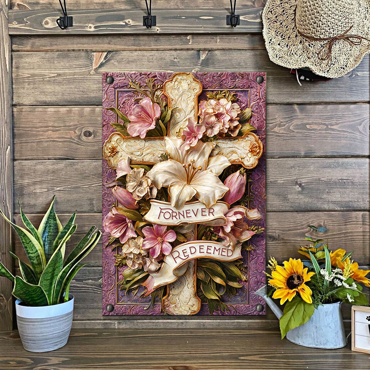 Shineful 2D Metal Sign Forever Redeemed Floral Cross