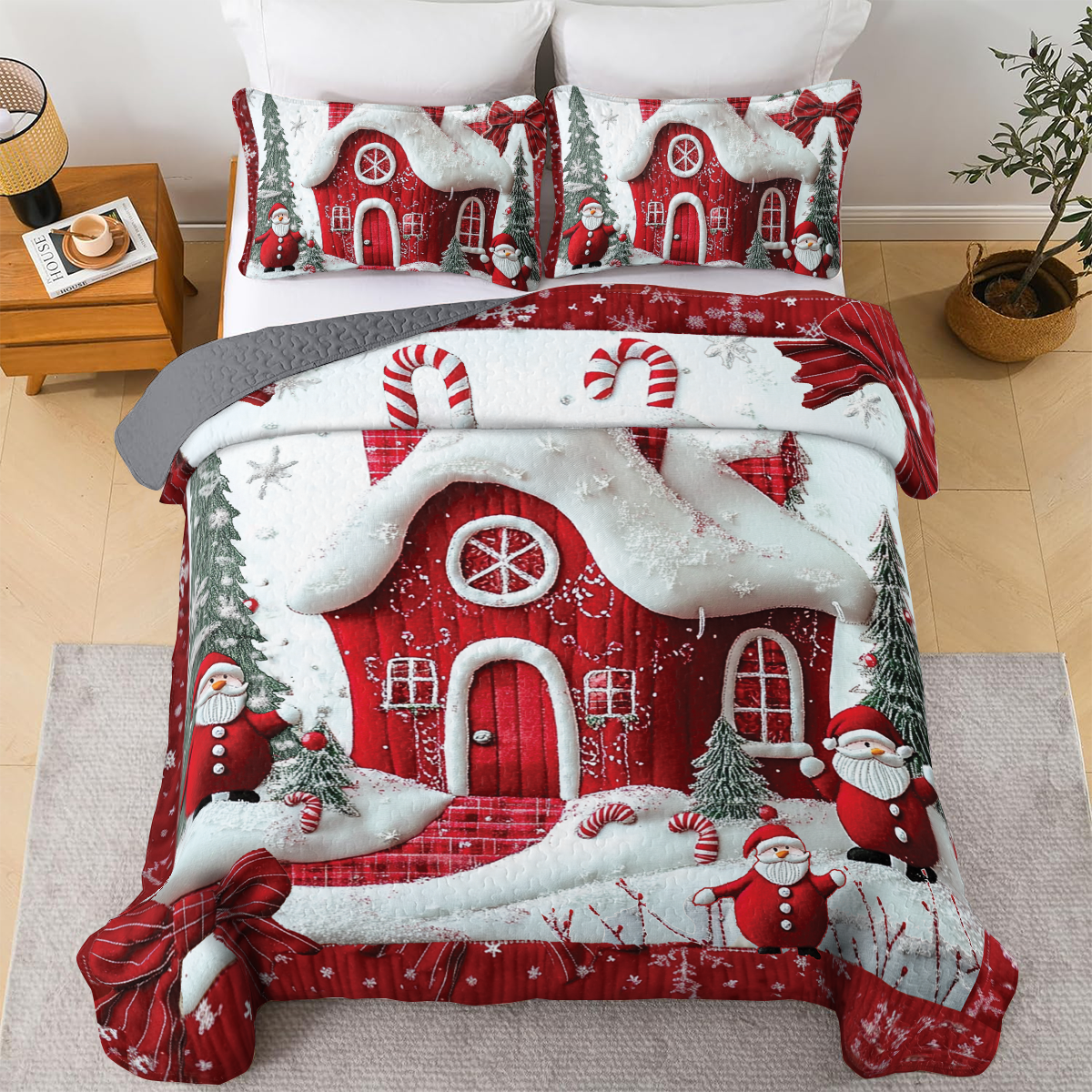 Shineful All Season Quilt 3-Piece Set - Whimsical Red House Christmas