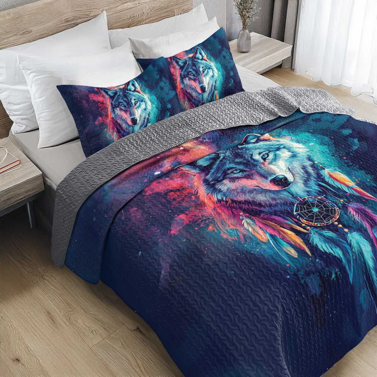 Shineful All Season Quilt 3-Piece Set Cosmic Wolf