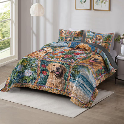 Shineful All Season Quilt 3-Piece Set  Golden Retriever Beach & Floral