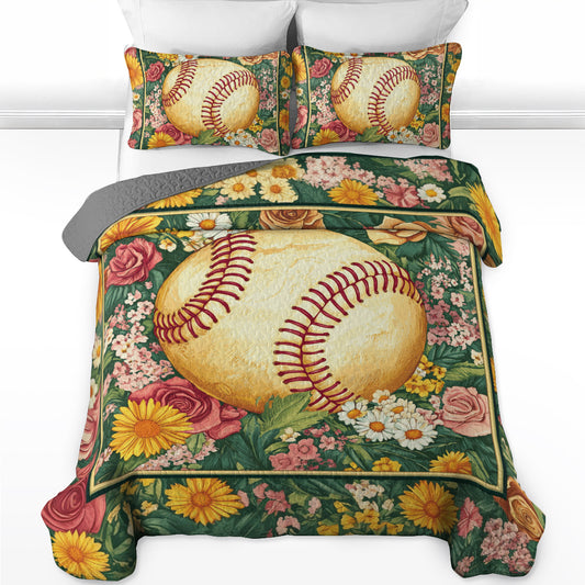 Shineful All Season Quilt 3-Piece Set Floral Softball Dream