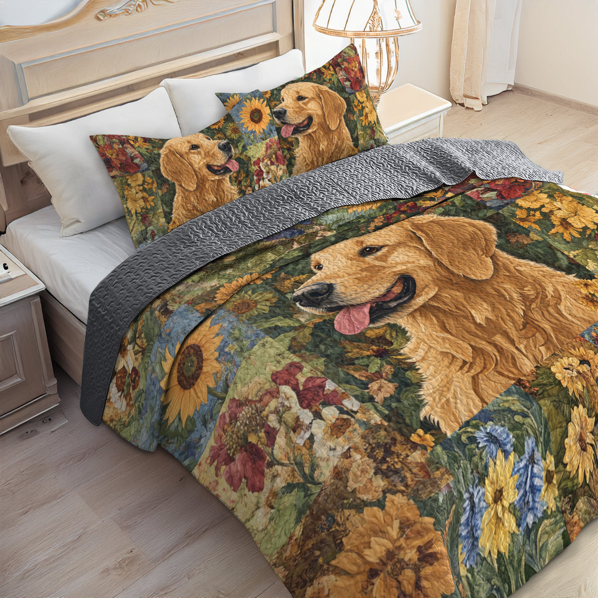 Shineful All Season Quilt 3-Piece Set Golden Retriever Floral Bliss