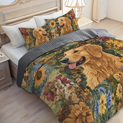 Shineful All Season Quilt 3-Piece Set Golden Retriever Floral Bliss