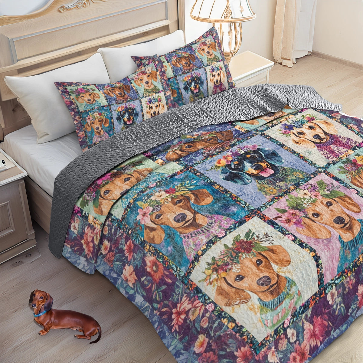 Shineful All Season Quilt 3-Piece Set - Dachshund Blooms