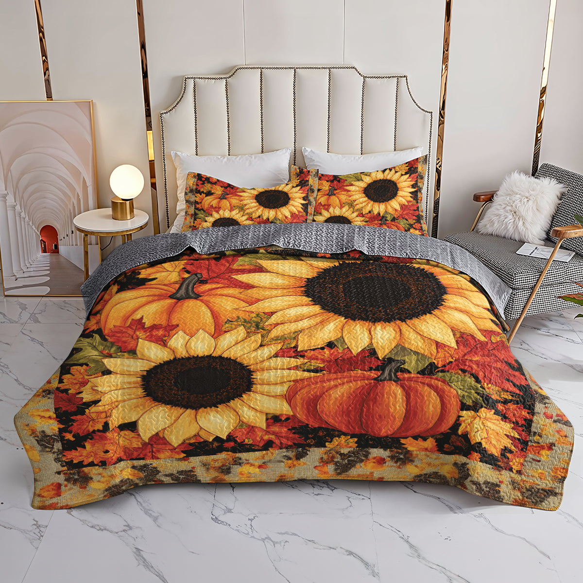 Shineful All Season Quilt 3-Piece Set Autumn Sunflower & Pumpkin