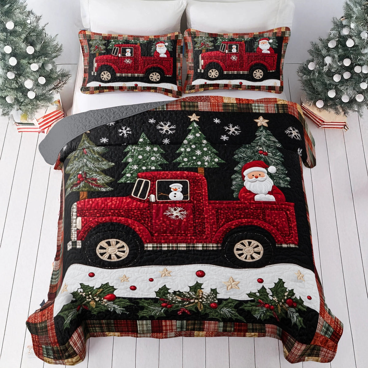 Shineful All Season Quilt 3-Piece Set Christmas  Santa's Red Truck