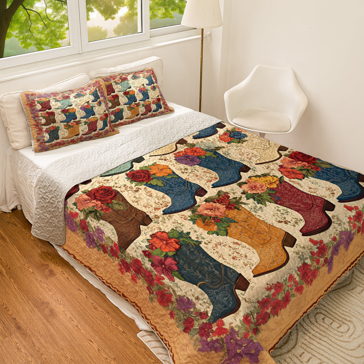 Shineful All Season Quilt 3-Piece Set Cowboy Boots And Flowers Pattern