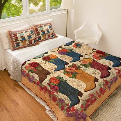 Shineful All Season Quilt 3-Piece Set Cowboy Boots And Flowers Pattern