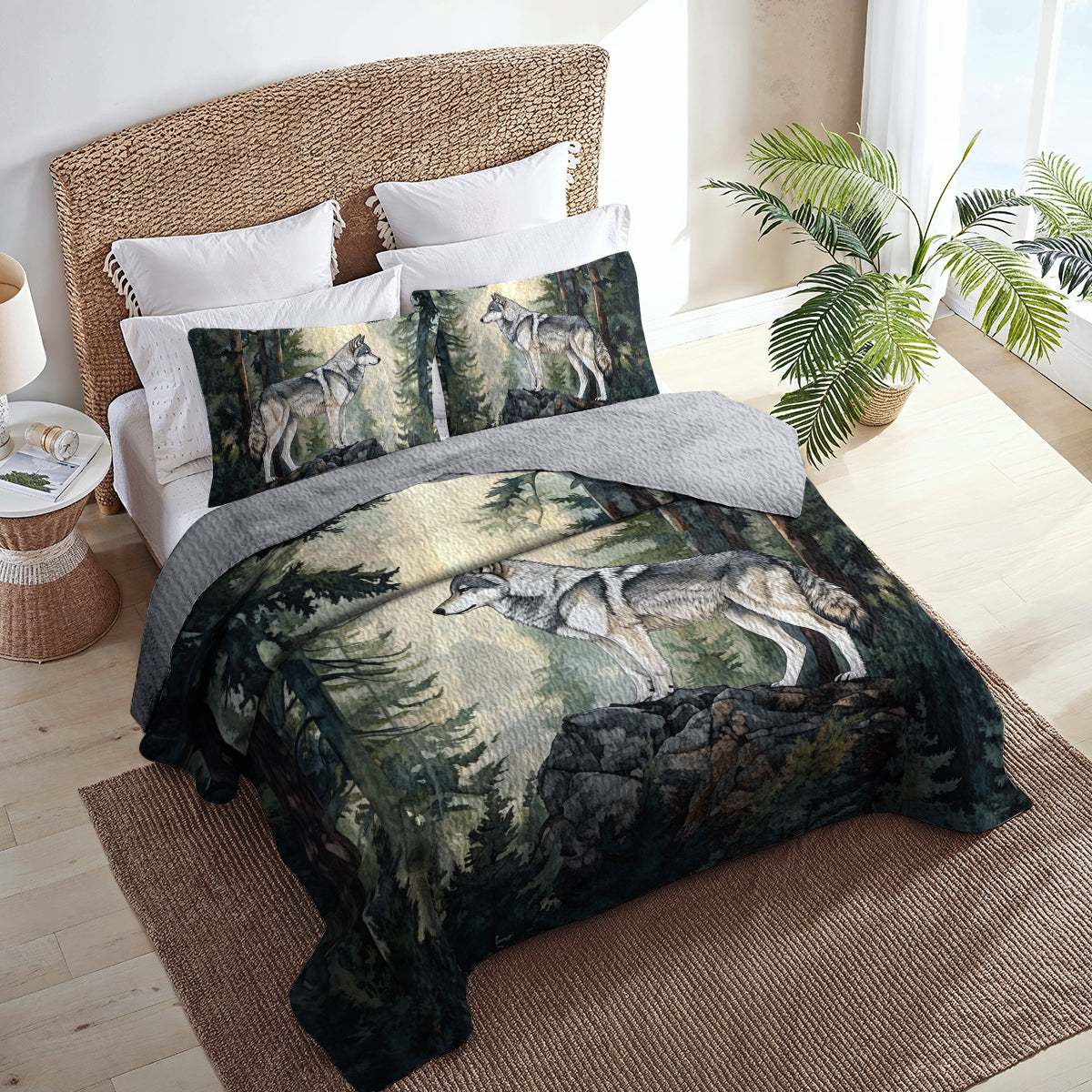 Shineful All Season Quilt 3-Piece Set Majestic Forest Wolf