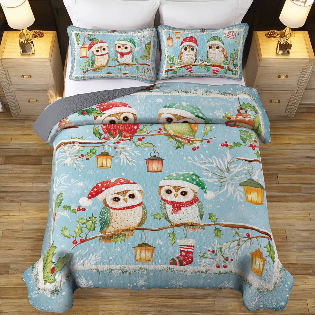 Shineful All Season Quilt 3-Piece Set Owl Christmas