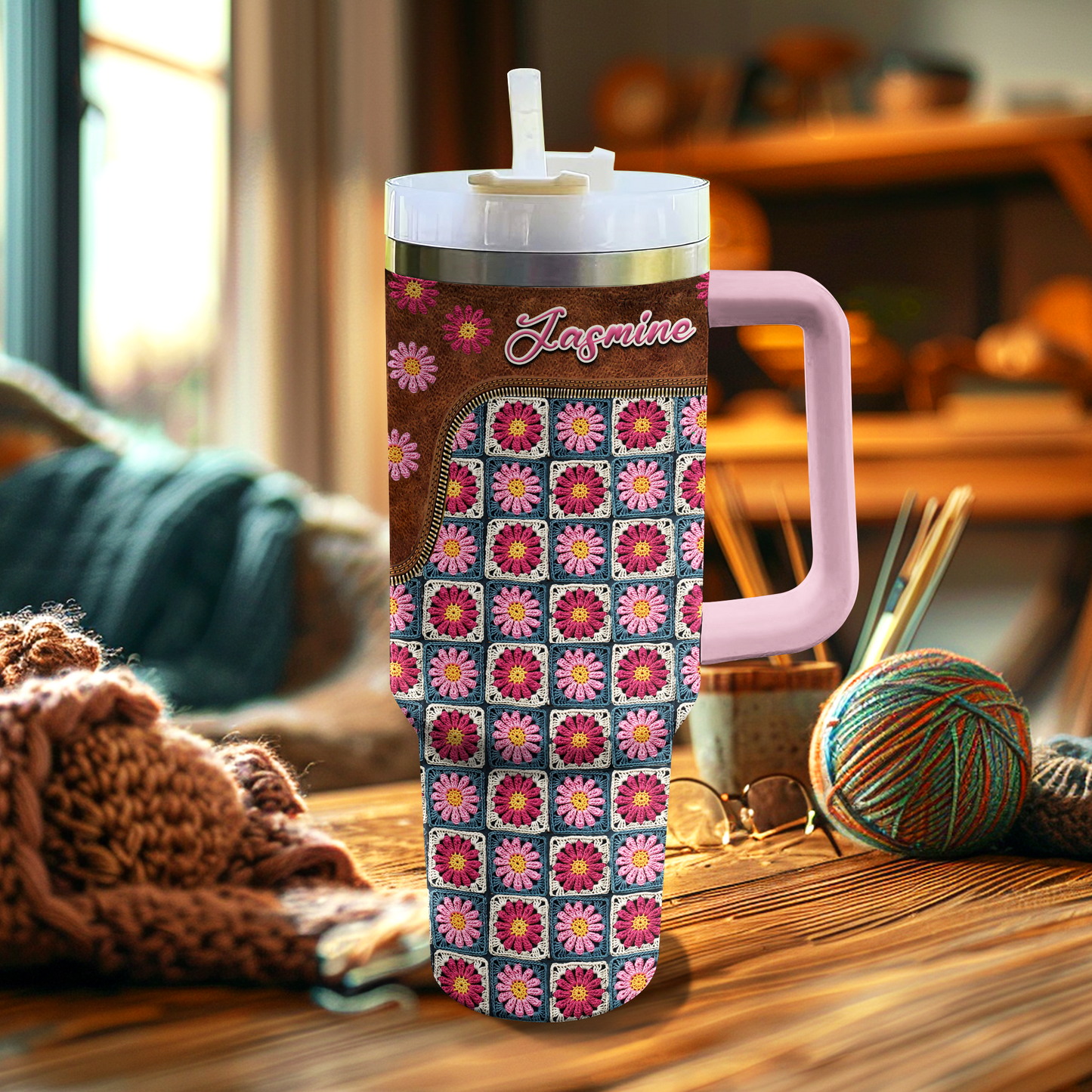 Shineful Personalized Tumbler Pink Flower Granny Squares