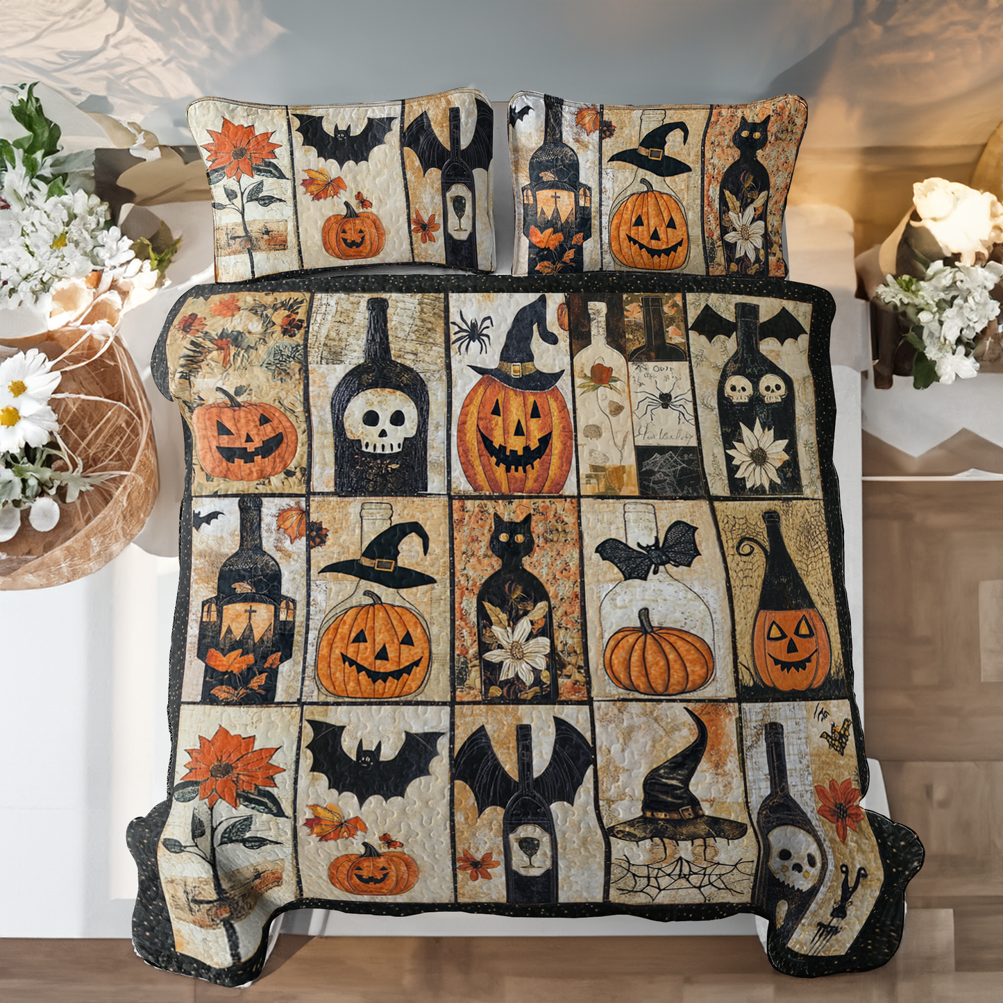 Shineful All Season Quilt 3-Piece Set Gentle Wine Bottles Halloween