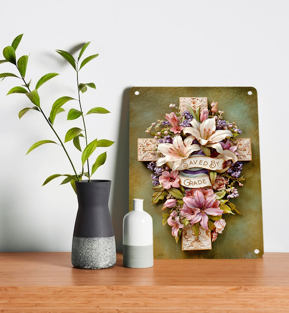 Shineful 2D Metal Sign Vintage Grace Cross Floral