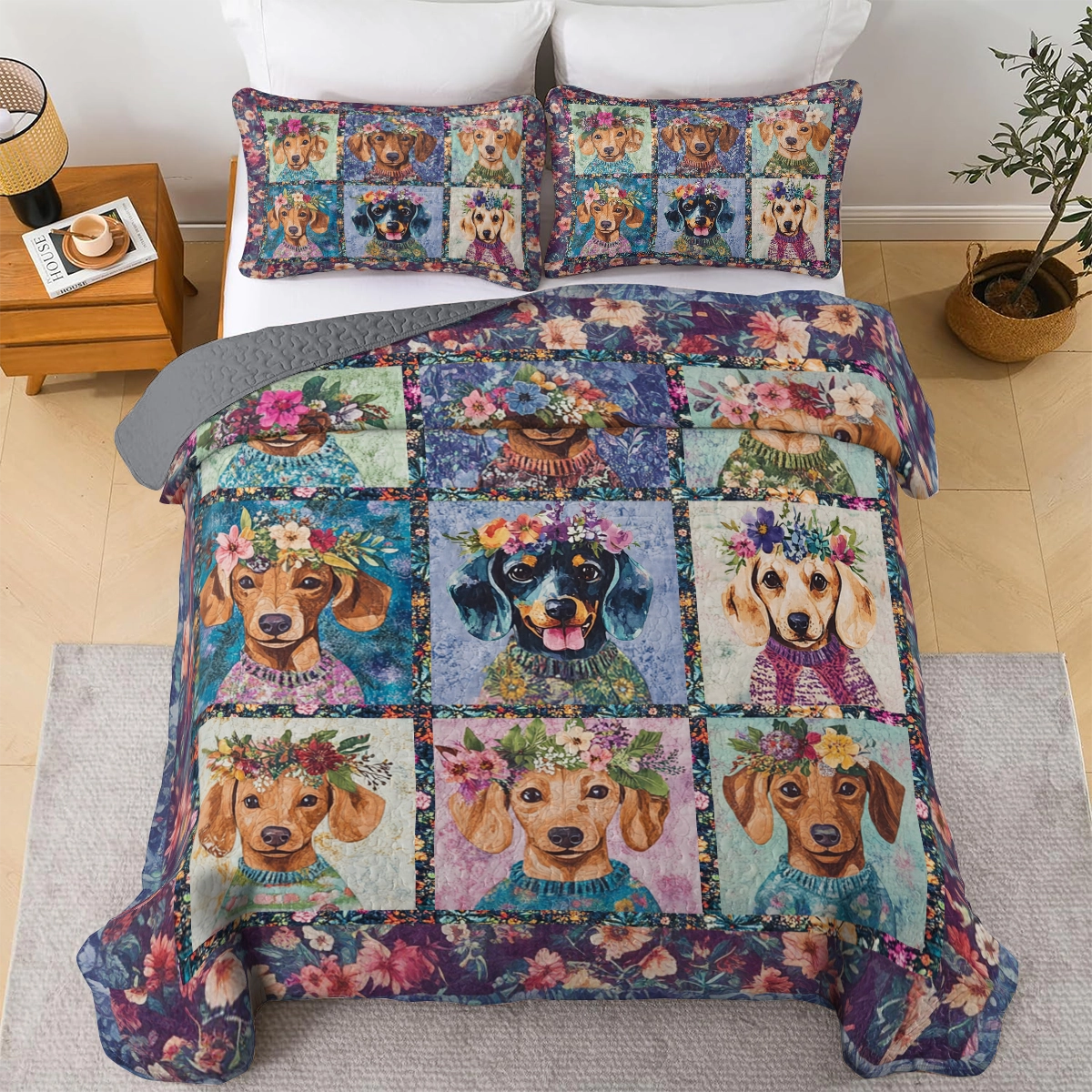 Shineful All Season Quilt 3-Piece Set - Dachshund Blooms