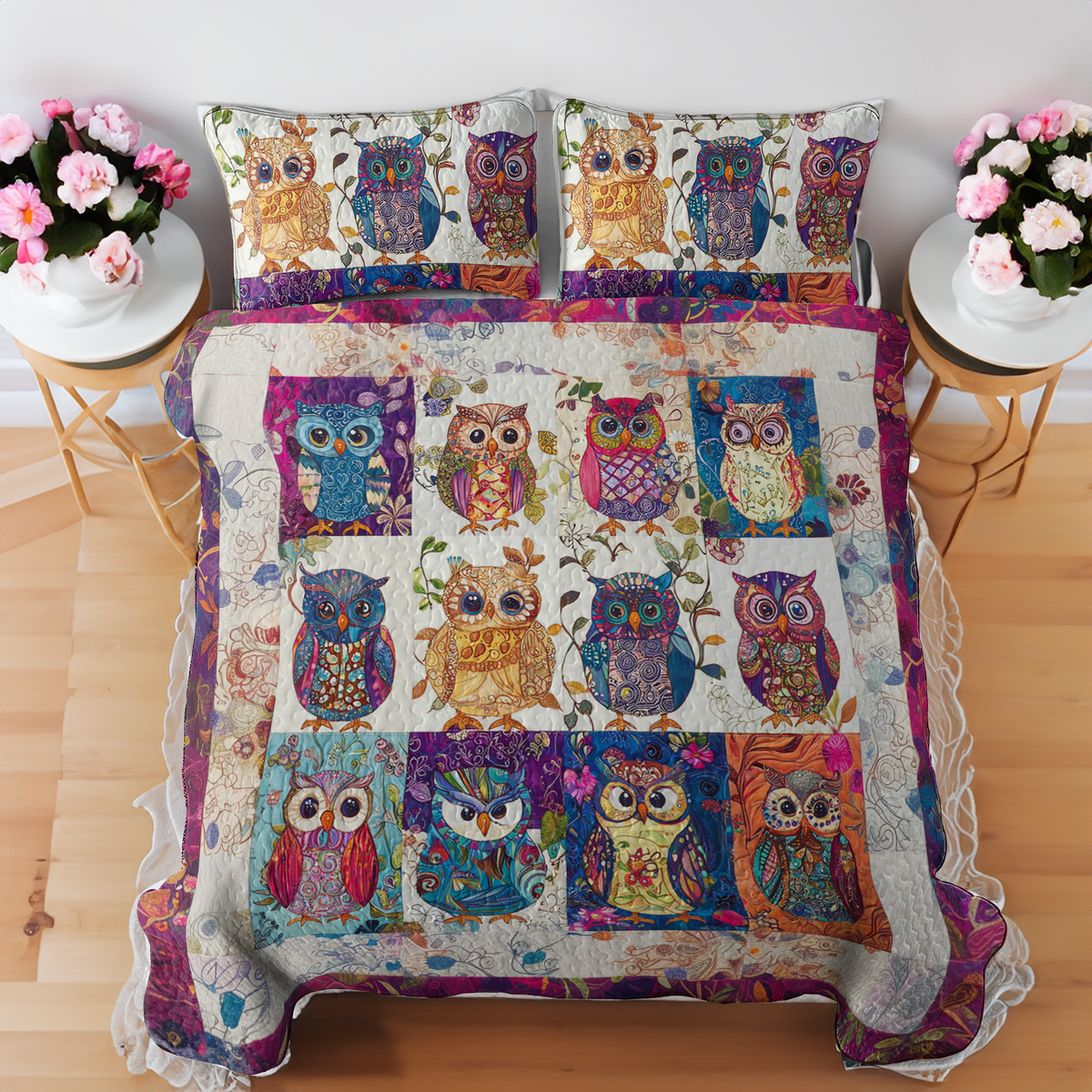 Shineful All Season Quilt 3-Piece Set Gorgeous Colorful Baby Owls