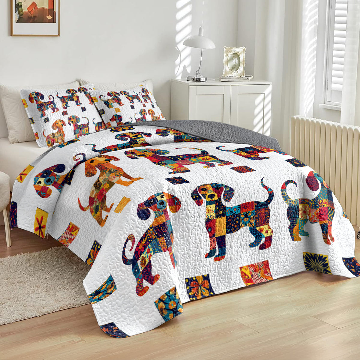 Shineful All Season Quilt 3-Piece Set Colorful Patchwork Dachshund