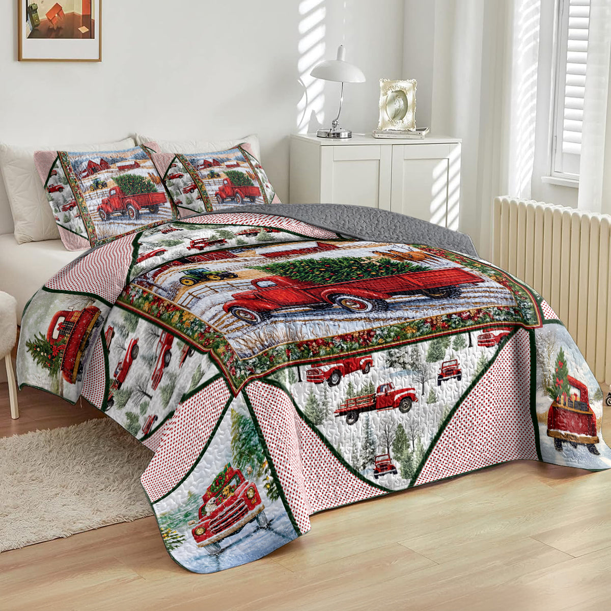 Shineful All Season Quilt 3-Piece Set - Holiday Farmhouse Truck Quilt