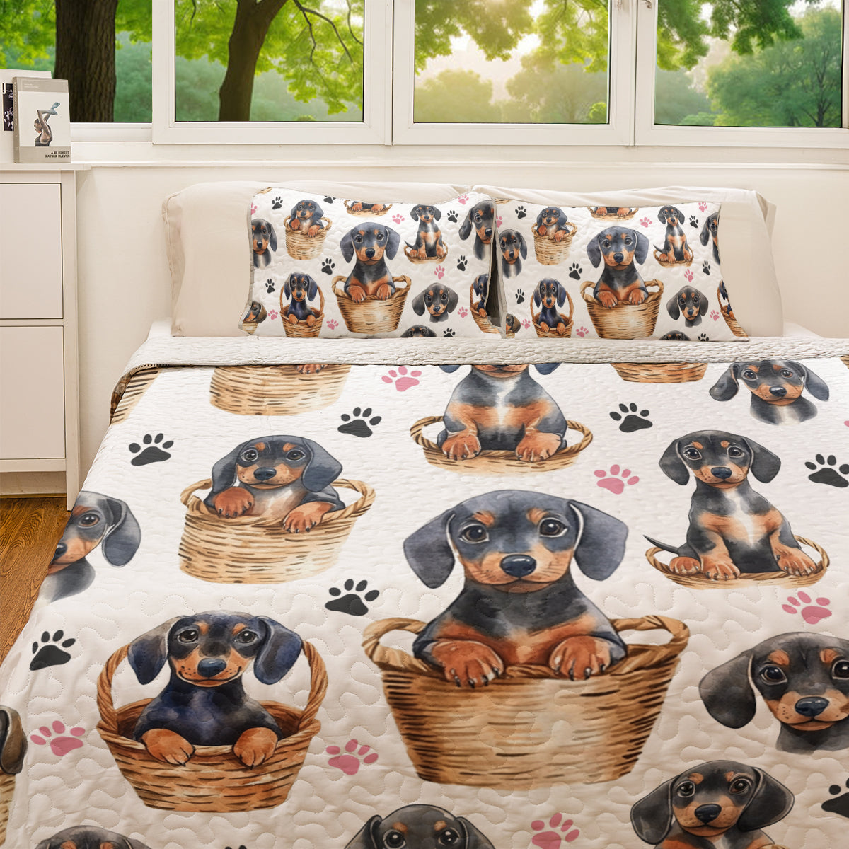 Shineful All Season Quilt 3-Piece Set Cute Dachshund In Basket V2