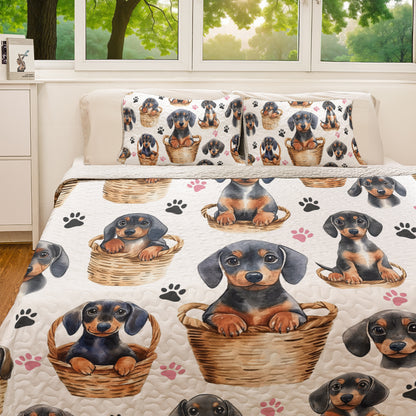 Shineful All Season Quilt 3-Piece Set Cute Dachshund In Basket V2