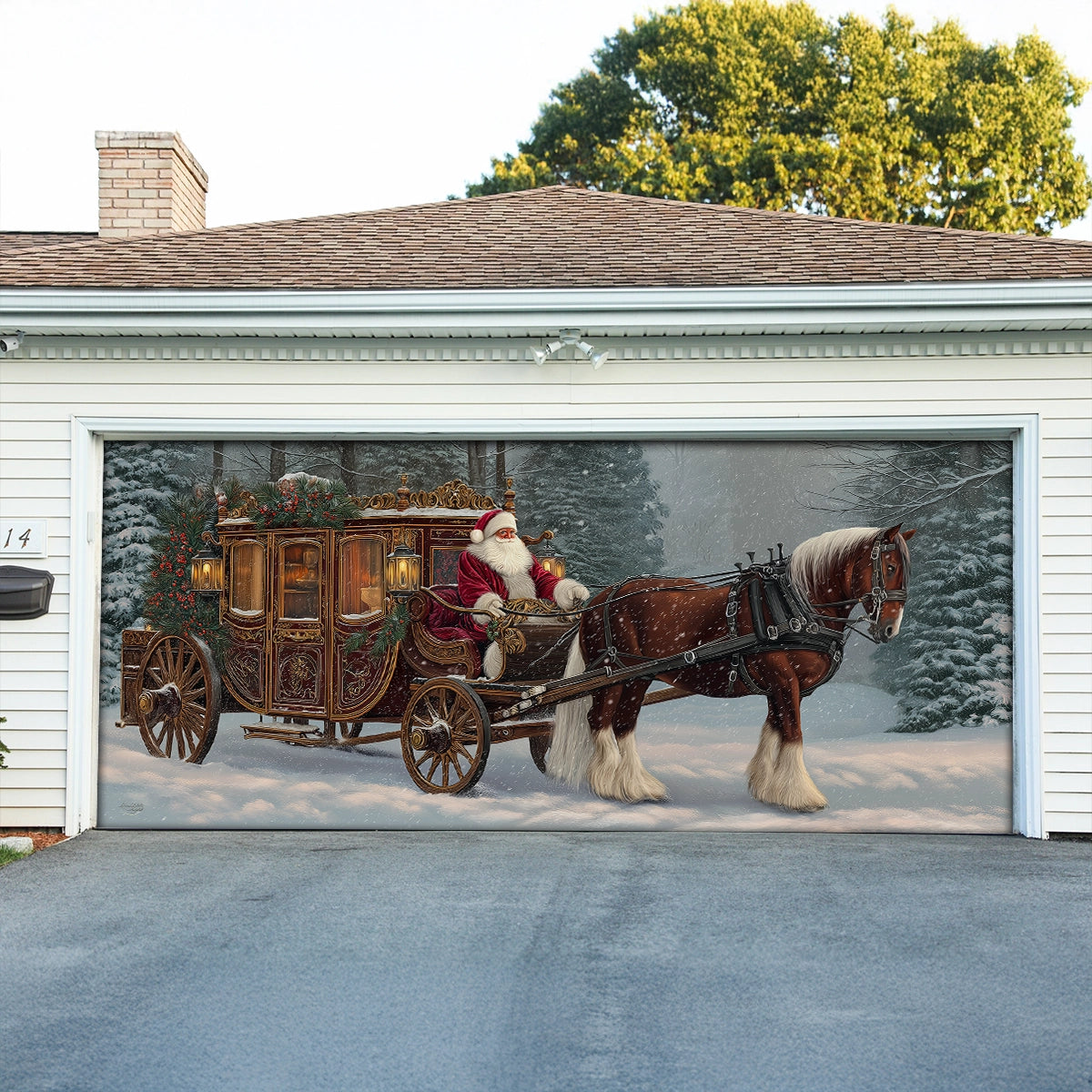 Shineful Garage Door Banner Decoration Santa’s Victorian Carriage Ride