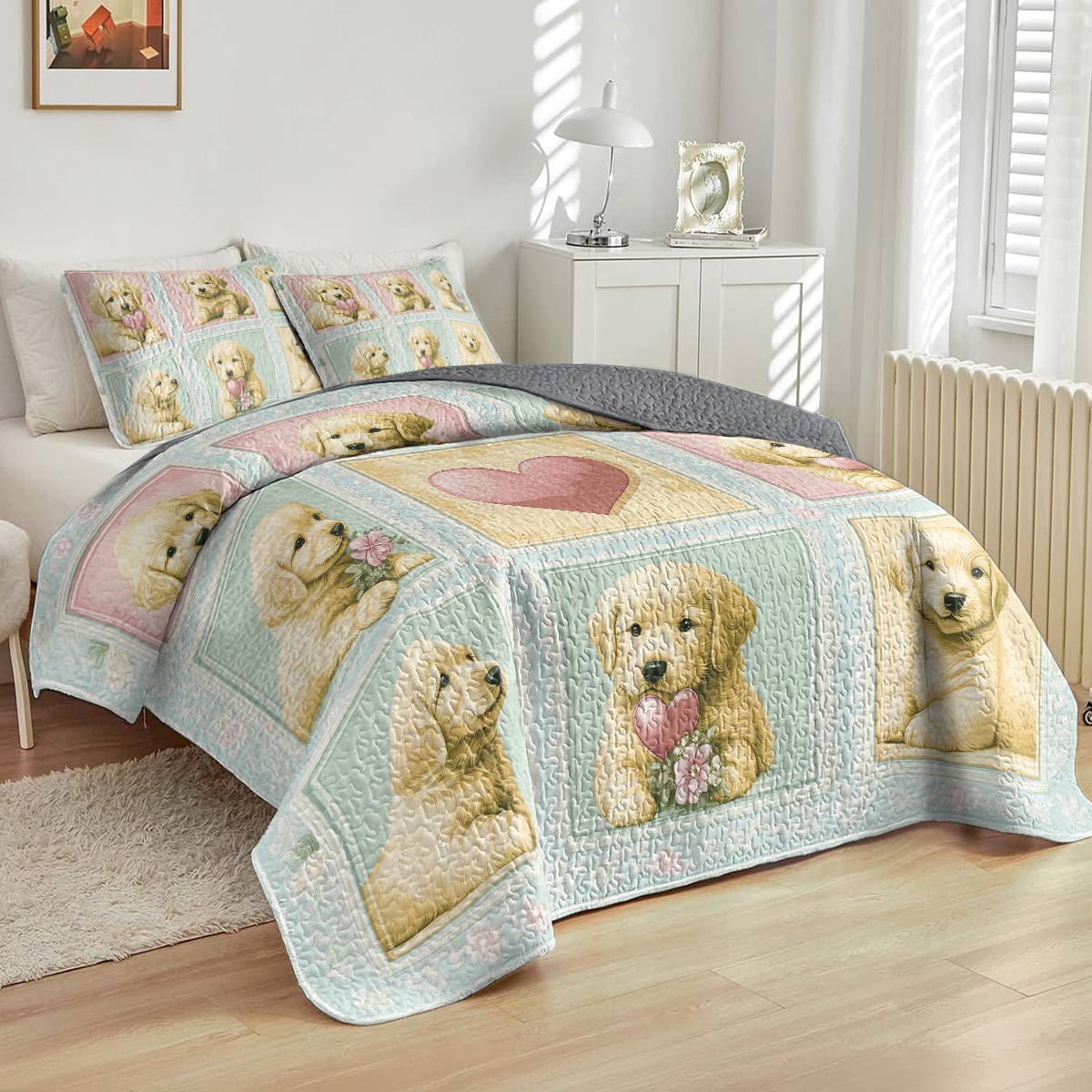 Shineful All Season Quilt 3-Piece Set - Golden Retriever Puppy Love