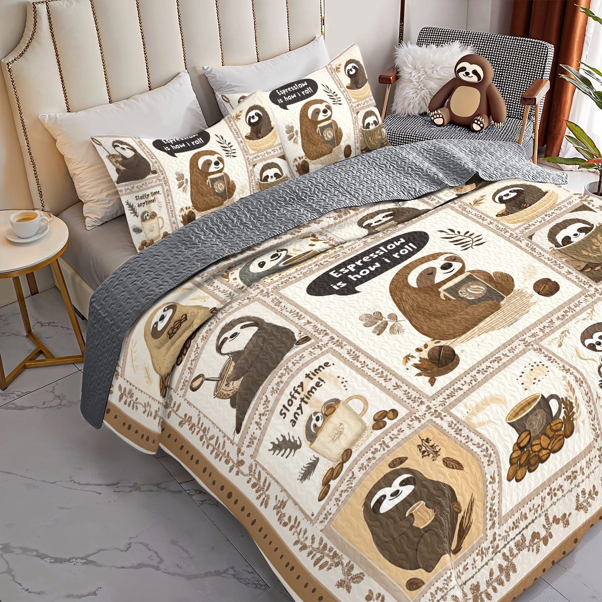 Shineful All Season Quilt 3-Piece Set Sloth Espresslow Snuggles