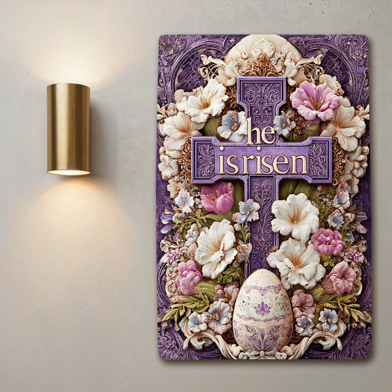 Shineful 2D Metal Sign Ornate Royal Cross “He Is Risen”