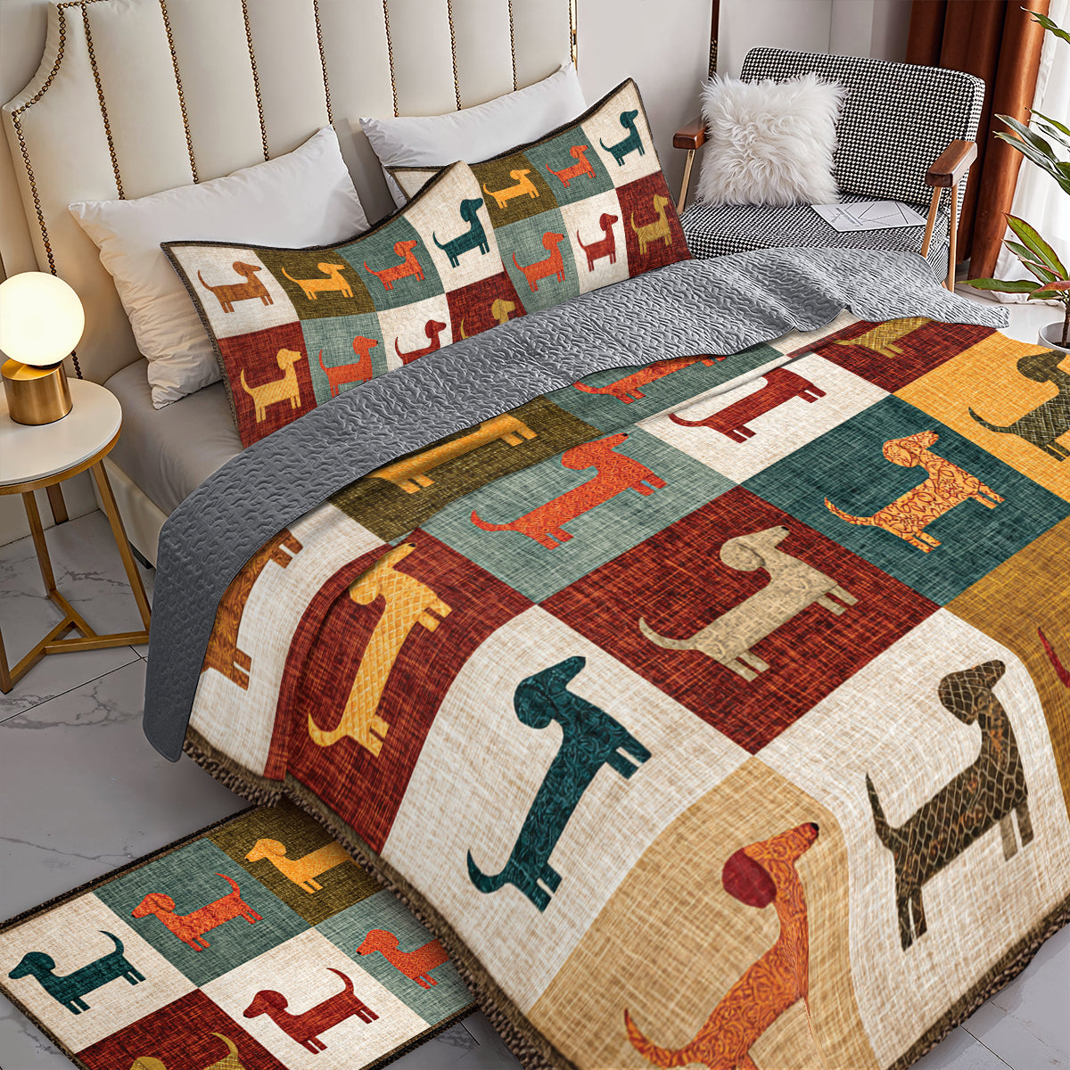 Shineful All Season Quilt 3-Piece Set Colorful Dachshund Patch