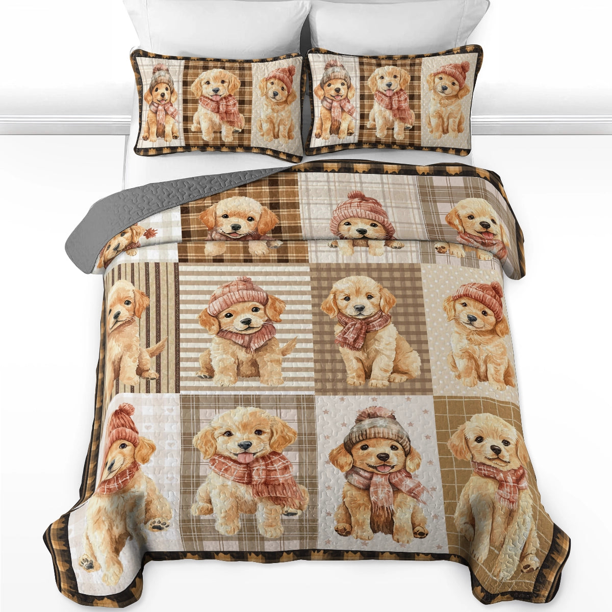 Shineful All Season Quilt 3-Piece Set Golden Retriever Puppies Cozy Moments