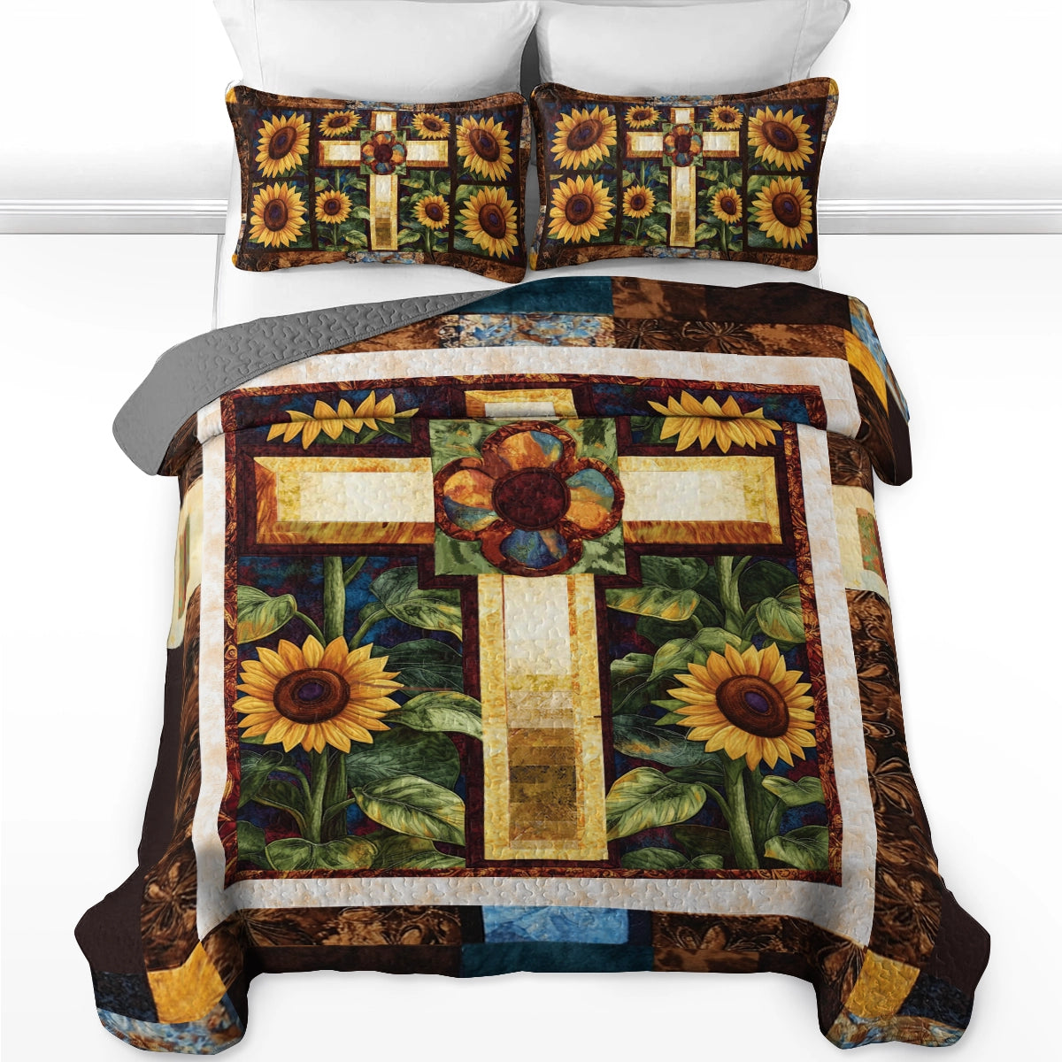Shineful All Season Quilt 3-Piece Set God's Divine Sunflower Cross