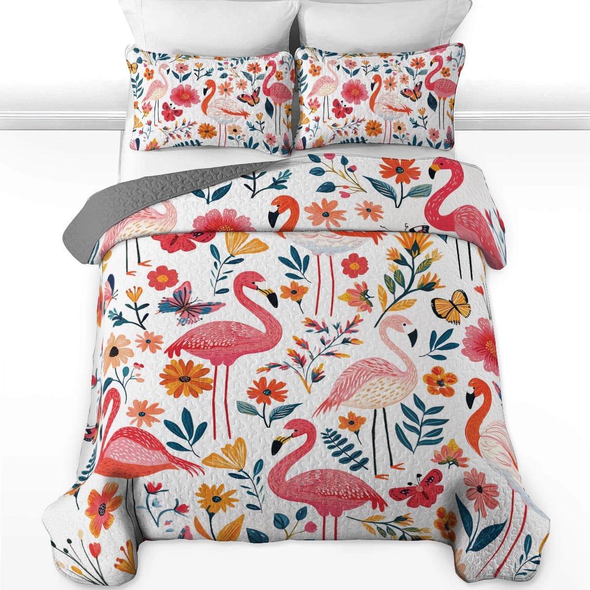 Shineful All Season Quilt 3-Piece Set Botanical Flamingo Bliss