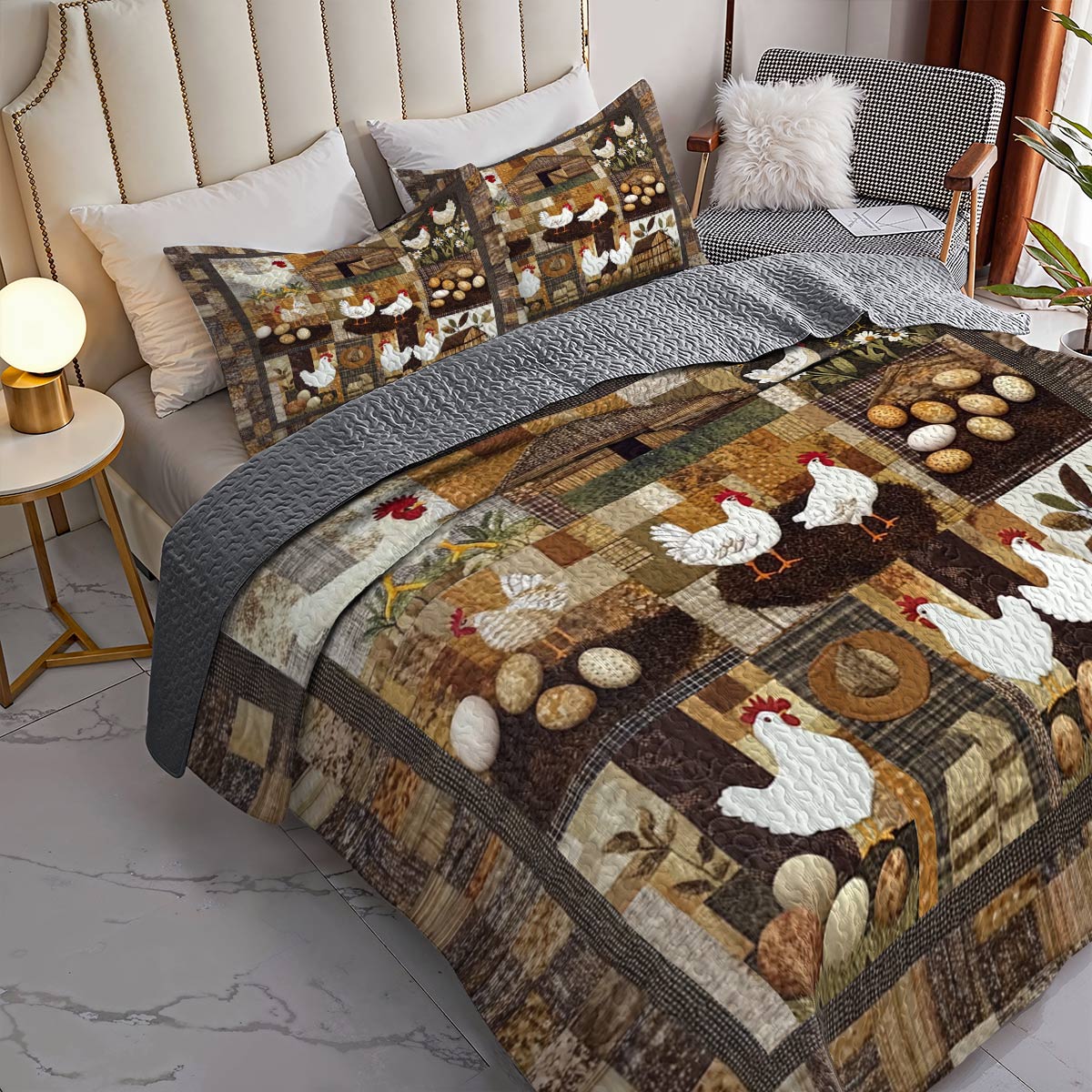 Shineful All Season Quilt 3-Piece Set Vinatge Chickens Farm