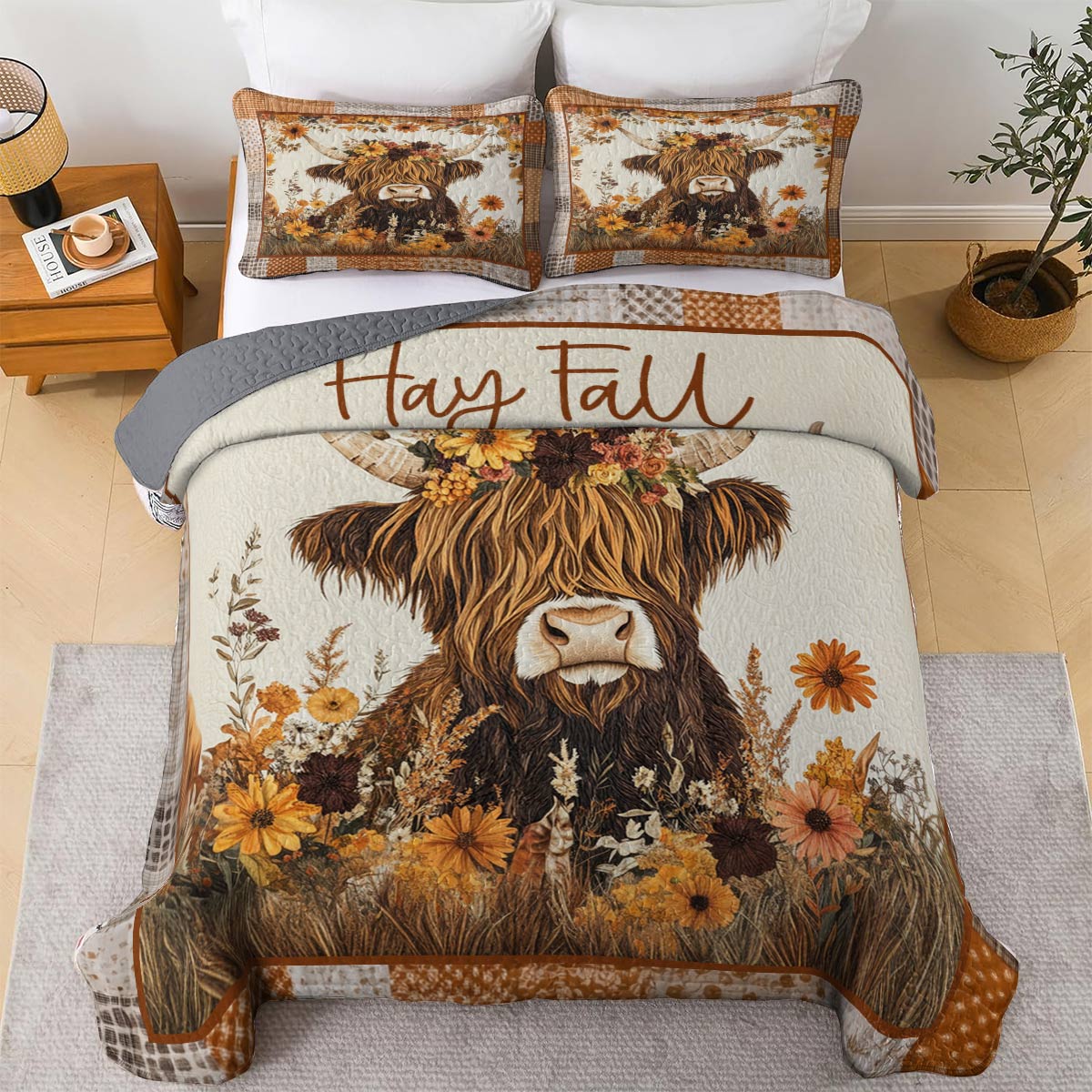 Shineful All Season Quilt 3-Piece Set Hay Fall Highland Cow