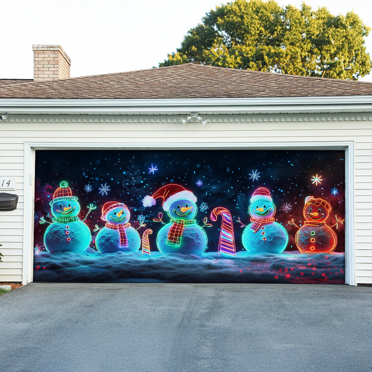 Shineful Garage Door Banner Decoration Snowy Night Snowmen