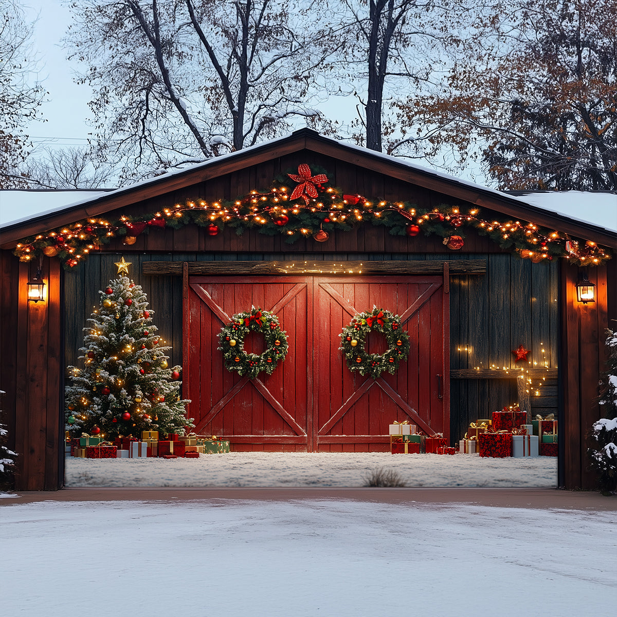 Shineful Garage Door Banner Decoration Christmas Red Barn