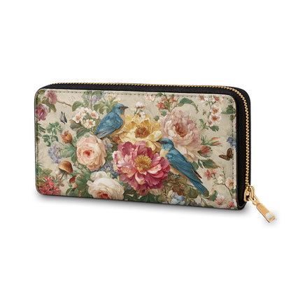 Shineful Leather Clutch Purse With Wristlet Strap Handle Bluebird Blossom