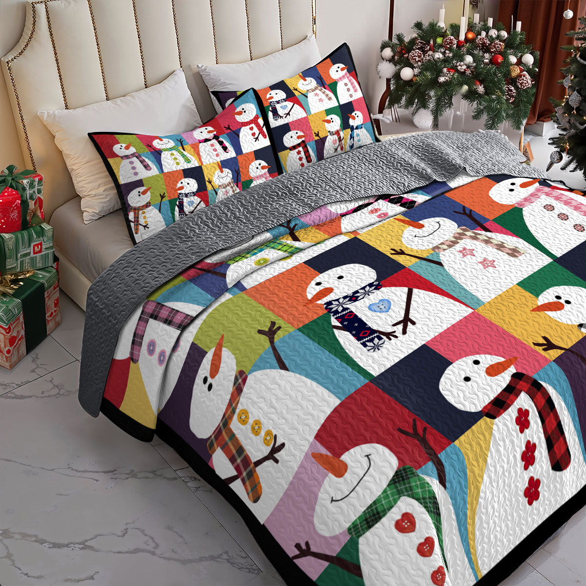 Shineful All Season Quilt 3-Piece Set Colorful Snowman Joy