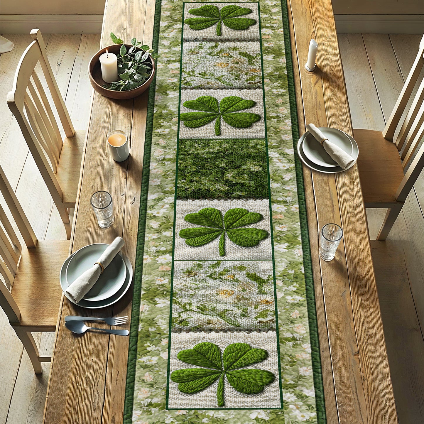 Shineful 2D Flat Print Quilted Table Runner Shamrock Blessing