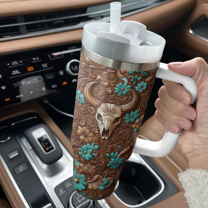 Shineful Tumbler Leather Tooling With Cow Skull Pattern
