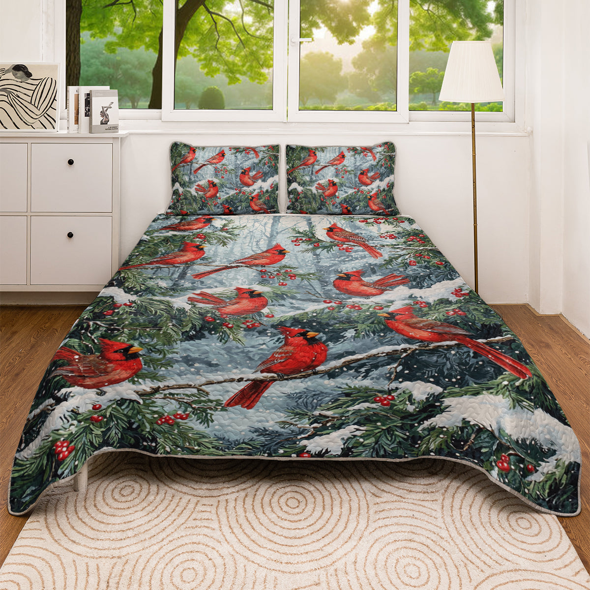 Shineful All Season Quilt 3-Piece Set Winter Cardinal Wonderland