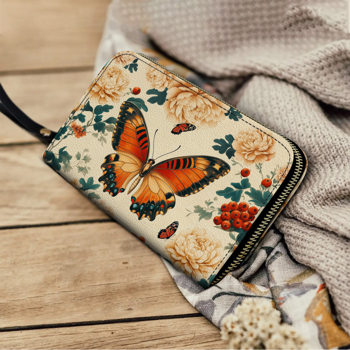 Shineful Leather Clutch Purse With Wristlet Strap Handle Enchanted Autumn Butterfly