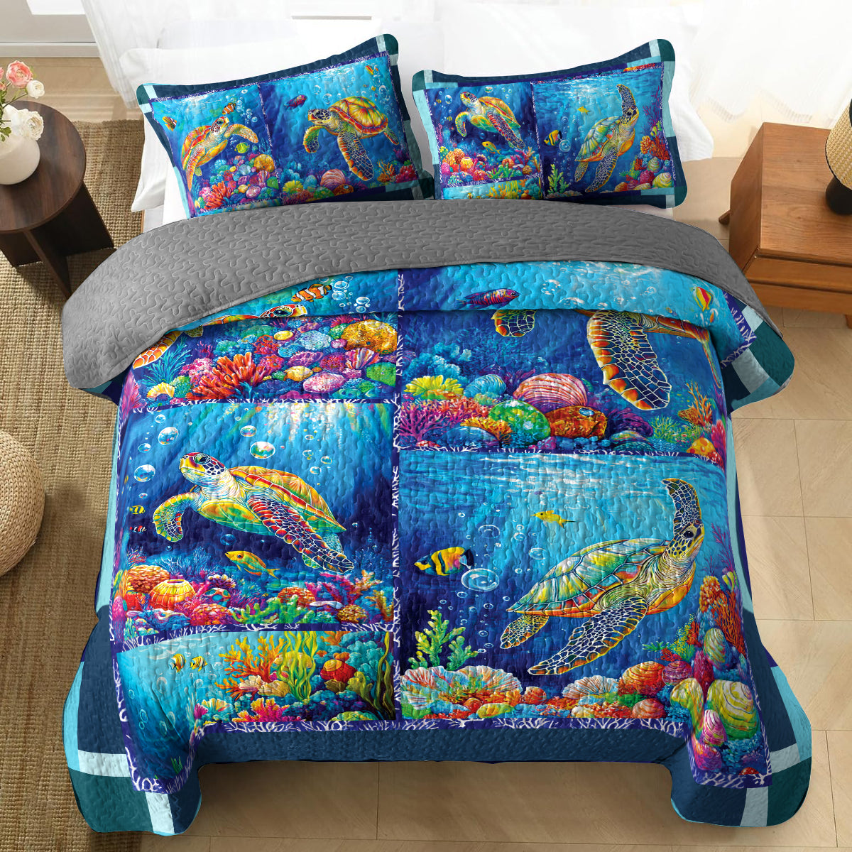 Shineful All Season Quilt 3-Piece Set - Sea Turtle And Vibrant Ocean Life