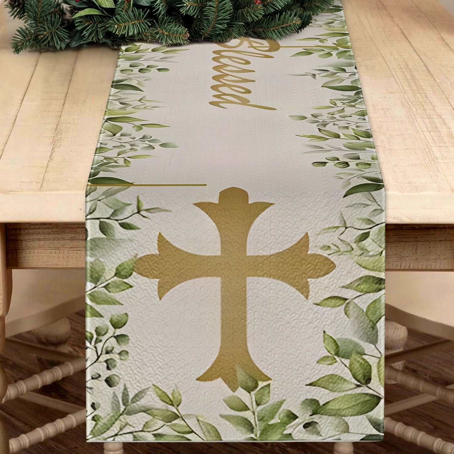 Shineful 2D Flat Print Quilted Table Runner Faithful Blessings Cross