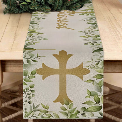 Shineful 2D Flat Print Quilted Table Runner Faithful Blessings Cross