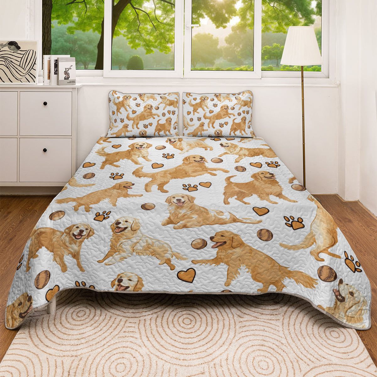 Shineful All Season Quilt 3-Piece Set Playful Golden Retriever Pattern