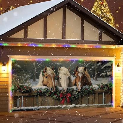 Shineful Garage Door Banner Decoration Horses in Holiday Splendor