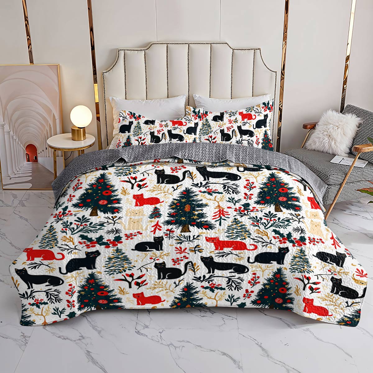 Shineful All Season Quilt 3-Piece Set Beautiful Cats Christmas